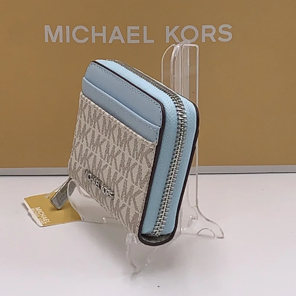 MICHAEL KORS MEDIUM ZIP AROUND CARD CASE VSTA BLUE MULTI SIGNATURE COLOR